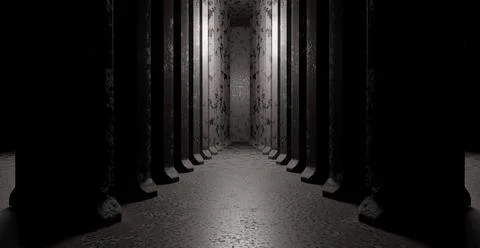 Empty room composition of white neon lights on a black background. 3d render Illustrazione stock