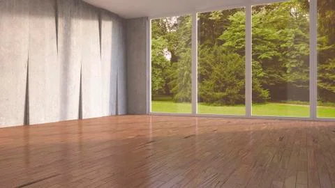 Empty room with concrete wall and wooden flooring, 3D Rendering Ilustración de archivo