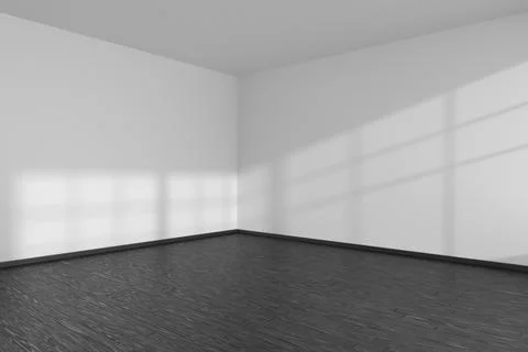 Empty room corner with black parquet floor and white walls Illustrazione stock