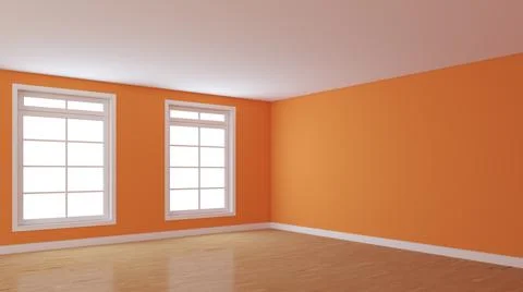 Empty Room Corner with Bright Orange Walls, Two Large Windows Stock Illustration