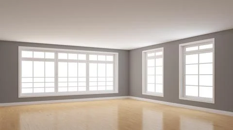 Empty Room Corner with Gray Walls, Three Large White Windows Stock Illustration