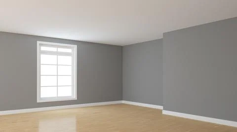 Empty Room Corner with Light Grey Walls, Ceiling, White Window, Glossy Parquet Stock Illustration