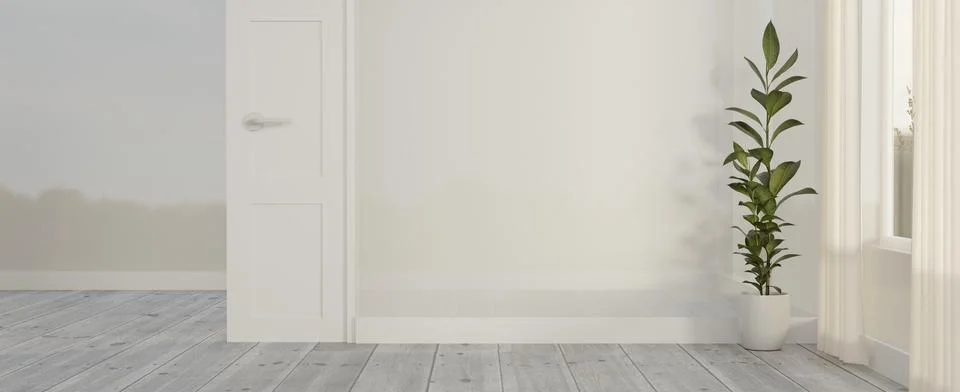 Empty room corner with open white door and plant Stock Illustration