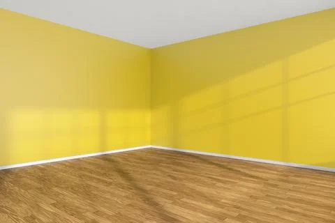 Empty room corner with yellow walls and wooden parquet floor Stock Illustration