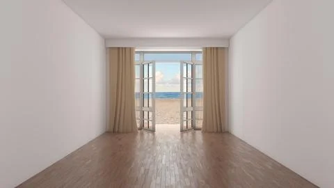 Empty Room with Curtains and Open Doors to Beach View Stock-Illustration