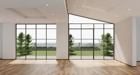 Empty room design copy space with the wooden floor and foliage outside 3d r.. Stock Illustration