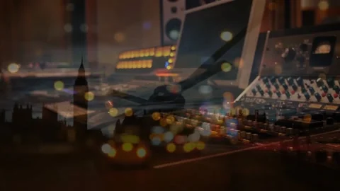 Empty room with disk jockey panel over clock and city at sunset Stock Footage 327848012