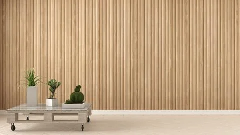 Empty room with diy pallet table and succulent potted plants on herringbone p Stock Illustration