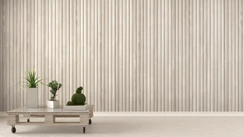 Empty room with diy pallet table and succulent potted plants on herringbone p Illustrazione stock