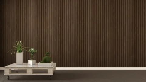 Empty room with diy pallet table and succulent potted plants on herringbone p Stock Illustration