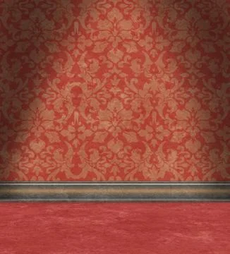 Empty room with faded red damask wallpaper Stock Illustration