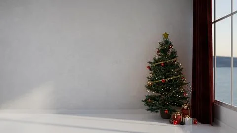 An empty room featuring a glowing Christmas tree and gift boxes under the t.. Illustrazione stock