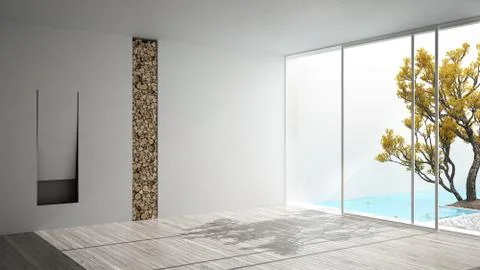 Empty room with fireplace and big panoramic window on garden and swimming poo Stock Illustration