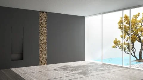 Empty room with fireplace and big panoramic window on garden and swimming poo Stock Illustration