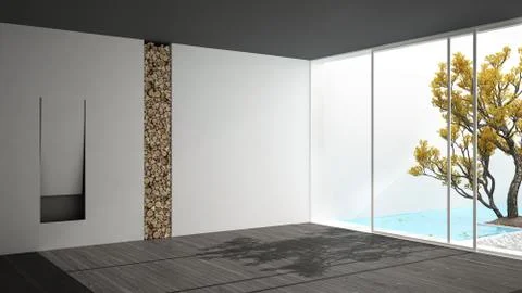 Empty room with fireplace and big panoramic window on garden and swimming poo Stock Illustration