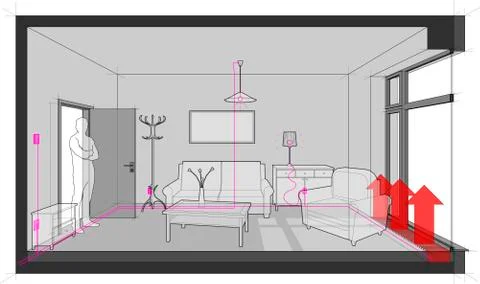 Empty room with floor heating and with electric installations and furniture Stock Illustration