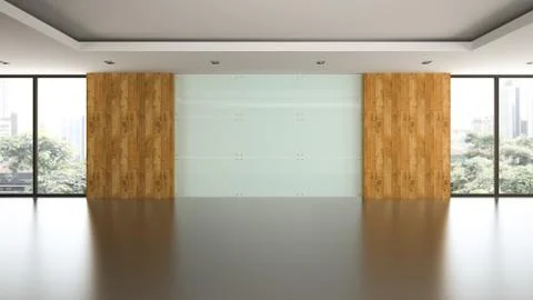 Empty room with glass panel wall 3D rendering Stock Illustration