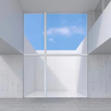 Empty room with glass wall to atrium, 3D Rendering Stockillustratie