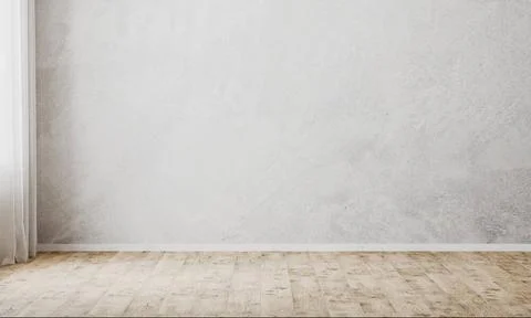 Empty room with gray decorative plaster wall and wooden parquet floor, ?ur... Stock Photos