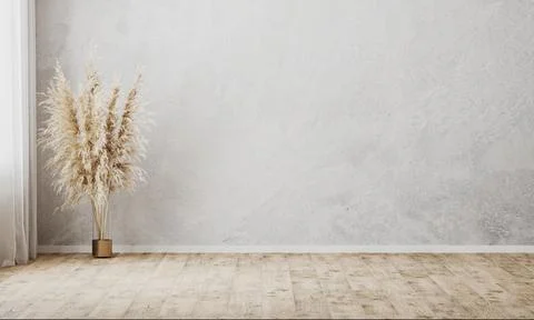 Empty room with gray wall and wooden floor, curtain and vase with decorative  Stock Illustration