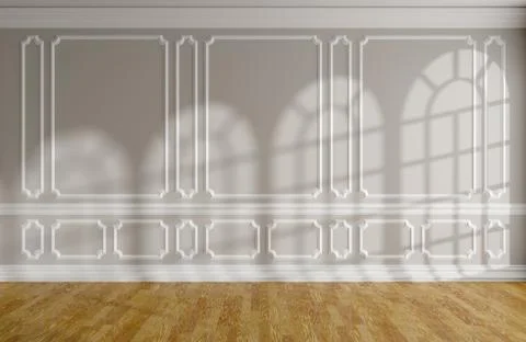 Empty room with gray wall, molding, parquet and rounded windows Illustrazione stock