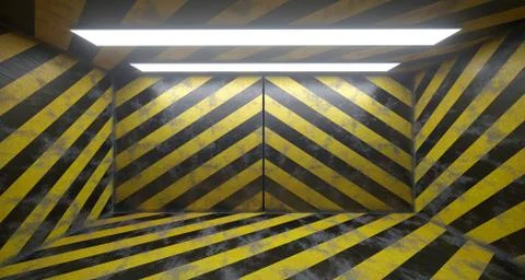 Empty Room With Hazard Striped Rusty Scratched Walls And White Lights. 3D Ren Stock Illustration