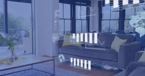 Empty room, holographic overlay emerging, brightening, projecting bar chart over Stock Footage 331820348