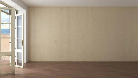 Empty Room of the Hotel Interior with Open Doors Overlooking the Beach Stock Illustration