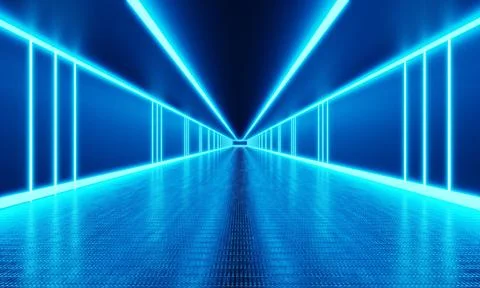 Empty room with infinity walkway and blue neon light background. Abstract a.. Stock Illustration