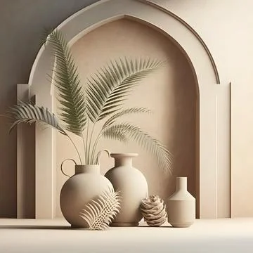 Empty room interior background, beige stucco wall, vases and palm leaf, 3d .. Stock Illustration