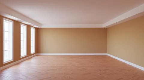 Empty Room Interior with Beige Walls, White Ceiling Cornice, Three Large Wind Stock Illustration