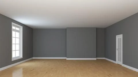 Empty Room Interior Concept with a Window and a White Door. Illustrazione stock