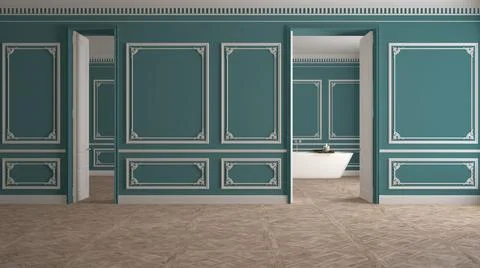 Empty room interior design, classic open space with white and blue walls, par Stock Illustration