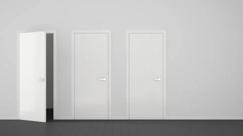 Empty room interior design with closed and open doors with frame, door handle Illustration