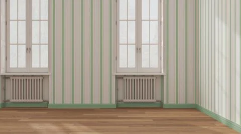 Empty room interior design in green and white tones, open space with parquet  Stock Illustration
