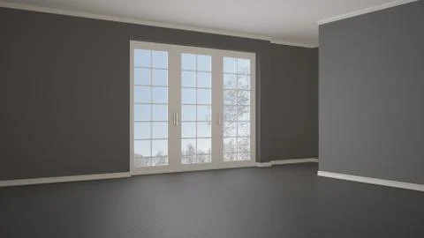 Empty room interior design, open space with big panoramic window on winter me Illustrazione stock