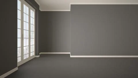 Empty room interior design, open space with big panoramic window on winter me Stock Illustration