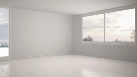 Empty room interior design, open space with big panoramic window on winter me Illustrazione stock