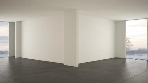 Empty room interior design, open space with big panoramic window on winter me Stock Illustration