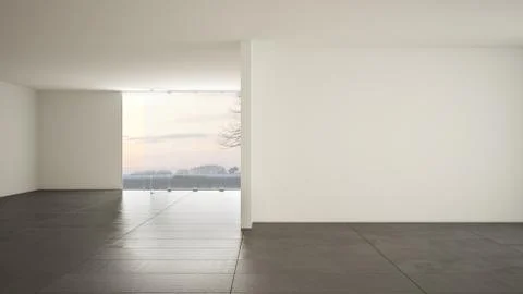 Empty room interior design, open space with big panoramic window on winter me Illustrazione stock