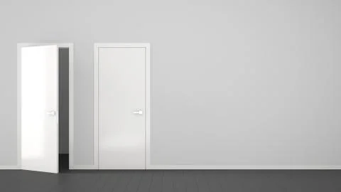 Empty room interior design with open and closed doors with frame, door handle Illustration