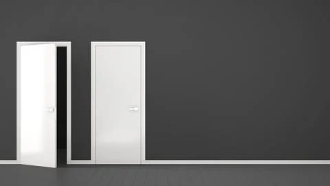 Empty room interior design with open and closed doors with frame, door handle Illustration