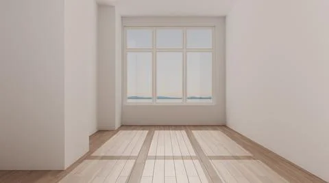 Empty room interior design, open space with big panoramic window, eco parquet Illustrazione stock