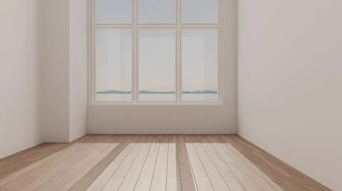 Empty room interior design, open space with big panoramic window, eco parquet Stock Illustration