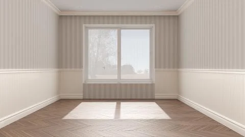 Empty room interior design, open space with big panoramic window, herringbone Illustrazione stock