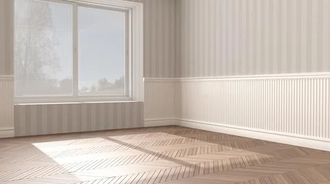 Empty room interior design, open space with big panoramic window, herringbone Stock Illustration