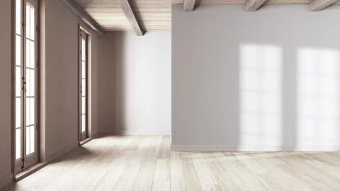 Empty room interior design, open space with bleached oak parquet floor, cla.. Illustrazione stock