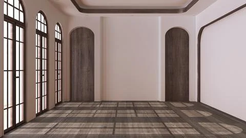 Empty room interior design, open space with dark parquet floor, classic arc.. Stock Illustration