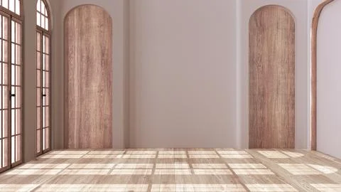 Empty room interior design, open space with bleached parquet floor, classic.. Illustrazione stock