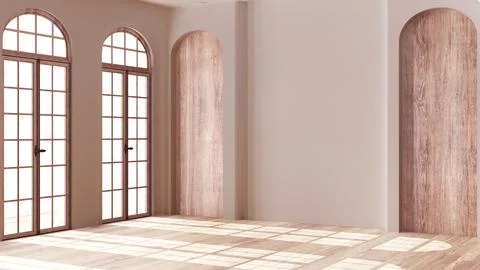 Empty room interior design, open space with bleached parquet floor, classic.. Stock Illustration